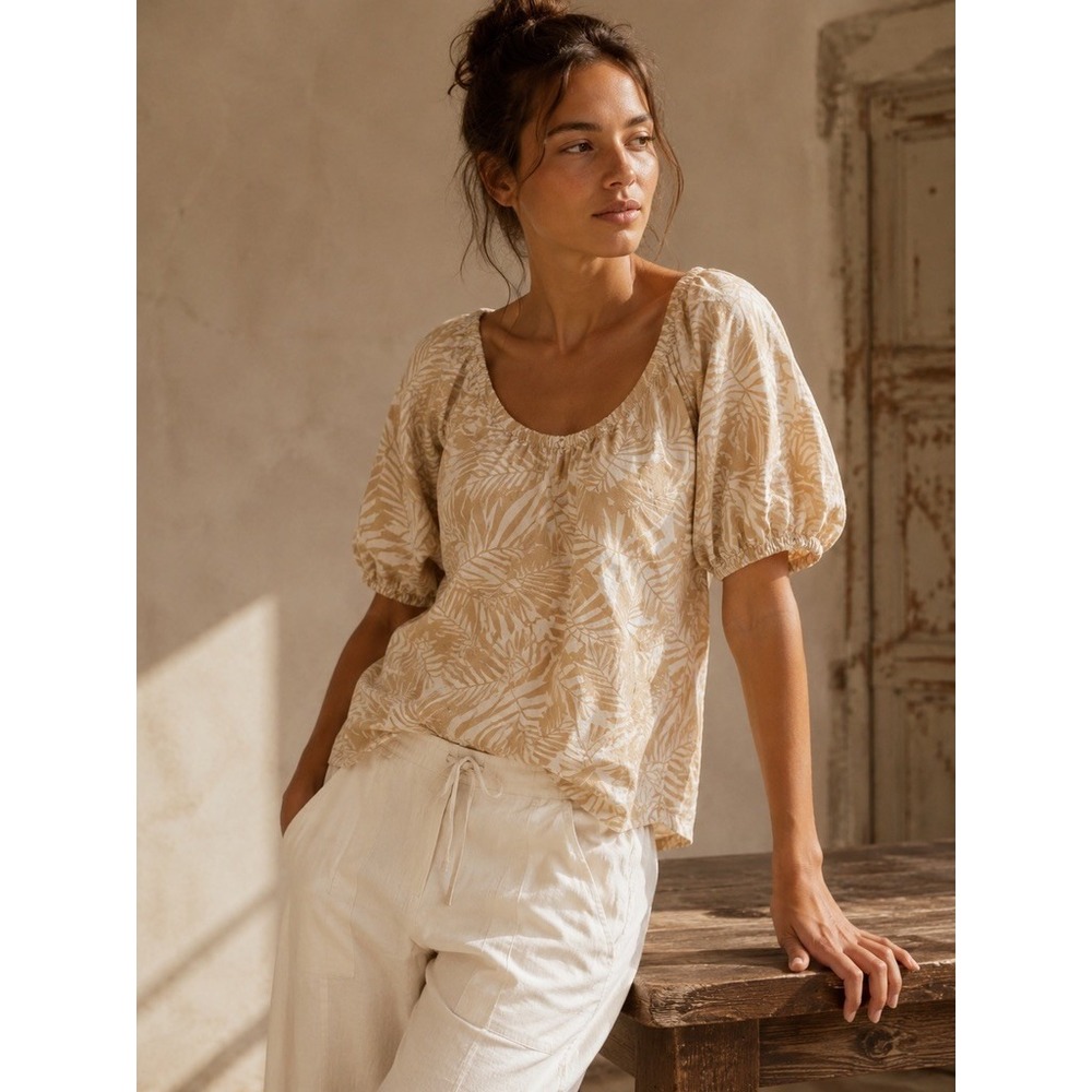 LOFT Tan White Tropical Leaf Print Linen Blend Puff Sleeve Blouse Top Small